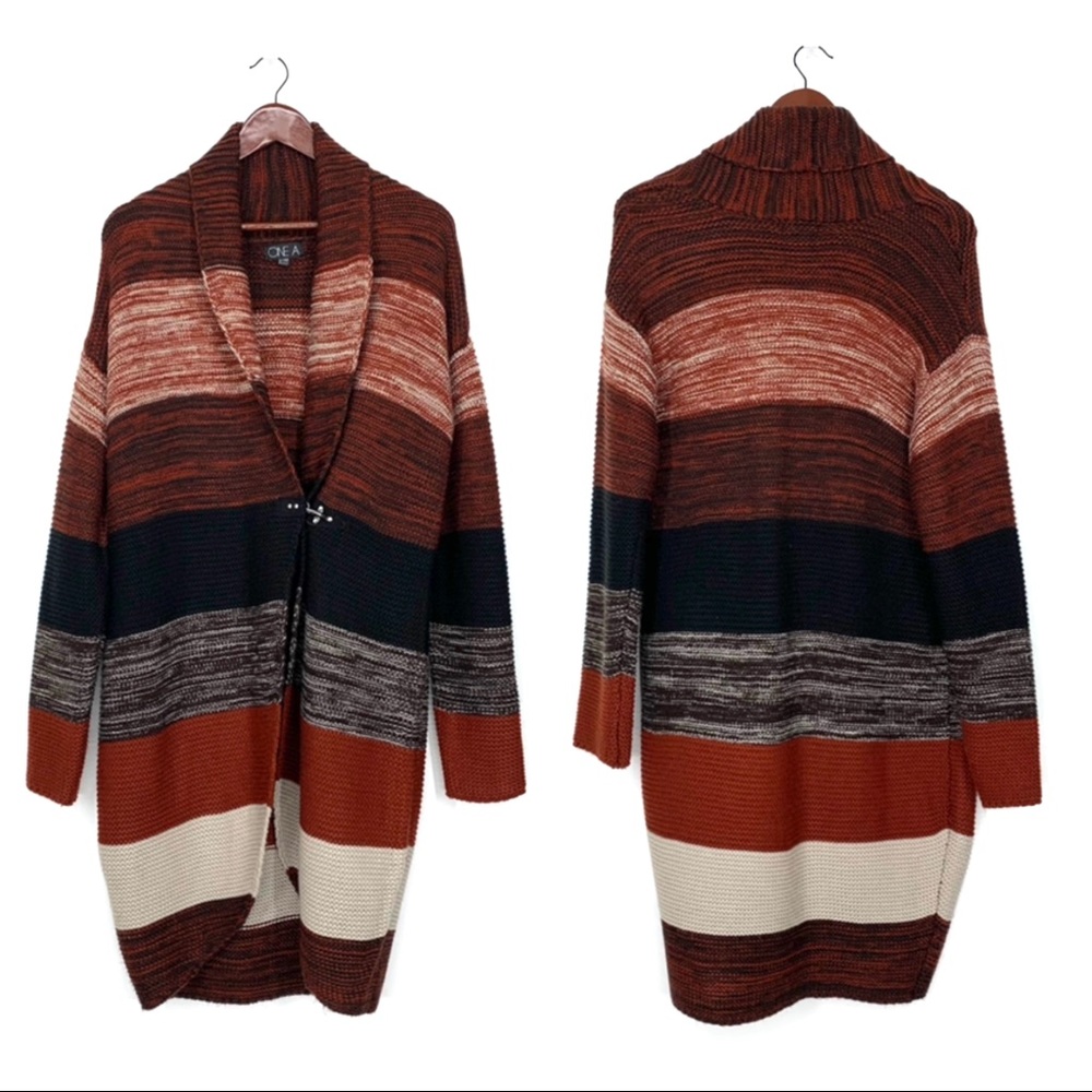 One A Rust Orange Black Cream Striped Long Oversized Knit Duster Cardigan